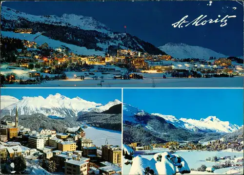 St. Moritz Panorama-Ansicht und 2 Teilansichten, Mehrbild-AK 1975