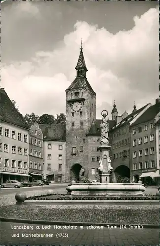 Landsberg am Lech Hauptplatz mit Turm 14. Jahrhundert, Marien-Brunnen 1960