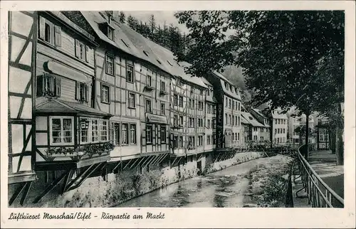 Monschau/Eifel Montjoie Rurpartie am Markt, Häuser Rückseiten 1957