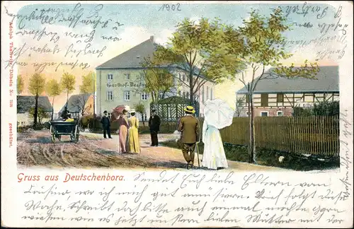 Ansichtskarte Deutschenbora-Nossen Straße, Gasthaus - Fuhrwerk belebt 1902