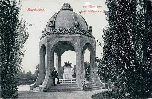 Ansichtskarte Magdeburg Stadtteilansicht Pavillon am Adolf-Mittag-See 1916   gelaufen mit Stempel MAGDEBURG