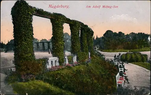 Ansichtskarte Magdeburg Adolf-Mittag-See Laubengang 1916   als Feldpost 1. Weltkrieg gelaufen mit Stempel MAGDEBURG SÜDOST