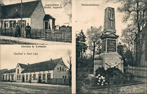 Ansichtskarte Grebs-Kloster Lehnin Jugendheim. Heldendenkmal, Gasthof 1927