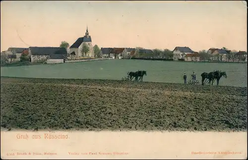 Ansichtskarte Rüsseina-Nossen Stadt, Pferde Feldarbeit 1917