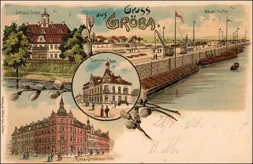Ansichtskarte Litho AK Gröba-Riesa Schloß, Riesa Strehlaer Str., Hafen 1905