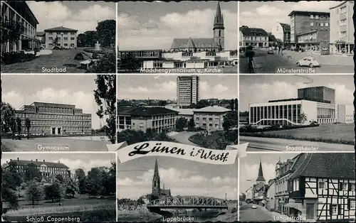 Lünen (Westfalen) MB Gymnasium, Münsterstr., Theater, Lippe-Brücke, Schloß 1969