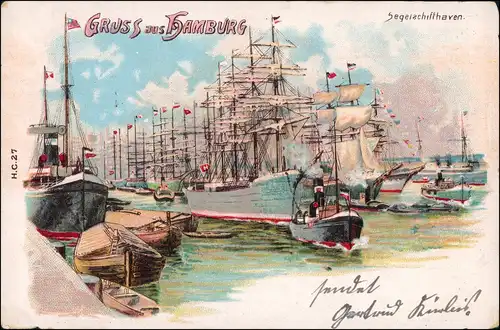 Ansichtskarte Litho AK Hamburg Segelschiffhafen Gruss aus 1904