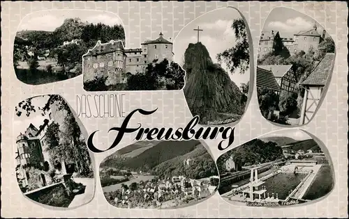 Freusburg Mehrbild-AK div. Foto-Ansichten ua. Freibad, Burg 1961