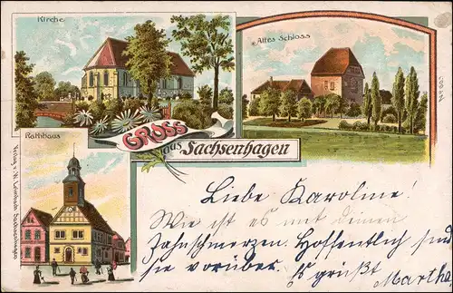 Ansichtskarte Sachsenhagen 3 Bild: Kirche, Schloss 1907