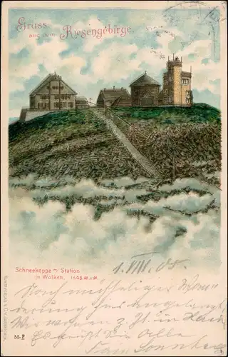 Krummhübel Karpacz Schneekoppe/Sněžka/Śnieżka über den Wolken 1901 Prägekarte