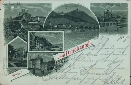 Ansichtskarte Königswinter Mondscheinlitho Petersberg Drachenfels 1896