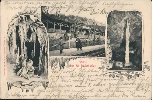 Ansichtskarte Grüne-Iserlohn 3 Bild Zwerge, Bahnhof, Dechenhöhle 1907