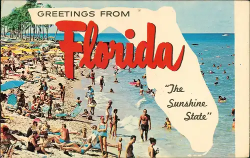 Florida Greeting Card, Landkarte, voller Strand, Beach-Scene 1981