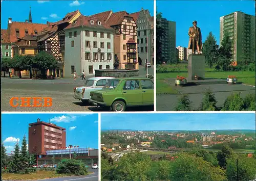 Postcard Eger Cheb 4 Echtfoto-Ansichten Häuser, Denkmal, Panorama 1980