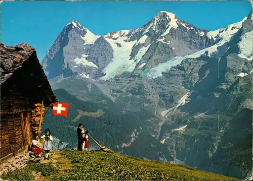 .Schweiz Alphornbläser mit Eiger und Mönch, Schweizer Alpen Berge 1982
