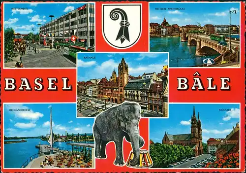 Basel Mehrbild-AK au. Rathaus, Elefant aus Zirkus, Mustermesse uvm. 1975