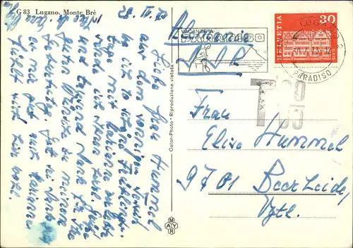 Lugano Panorama-Ansicht mit Berg, Monte Brè 1973    Stempel Lugano-PARADISO