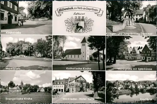 Ansichtskarte Hilchenbach Kirchstraße, Kat. Kirche, Markt, Sparkasse 1960