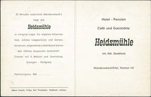Manderscheid Reklamekarte Café Gaststätte Heidsmühle Inh. Nik. Stadtfeld 1950