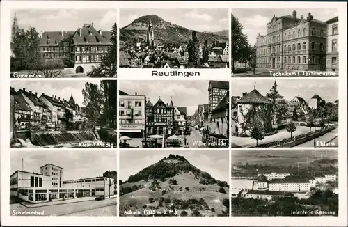 Reutlingen 9-Foto-AK mit Schwimmbad, Gymnasium, Straßen uvm. 1955