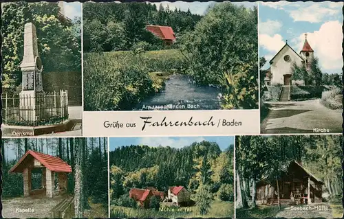 Fahrenbach (Baden)  Denkmal, Mühle im Tagl, Seebach-Hütte, Kirche  1962
