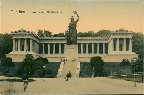 Ansichtskarte München Bavaria mit Ruhmeshalle Fahrradfahrer 1909