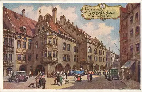 Ansichtskarte München Hofbräuhaus belebt Fahrzeuge 1910