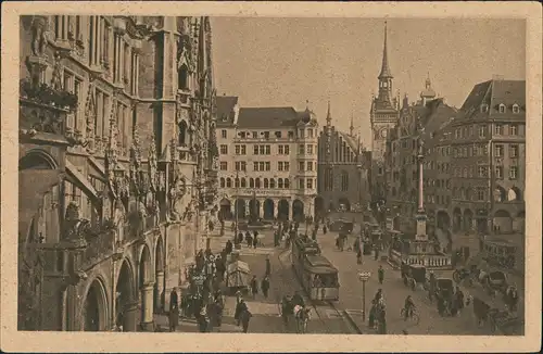 Ansichtskarte München Marienplatz belebt Rathaus Straßenbahn Kirche 1910