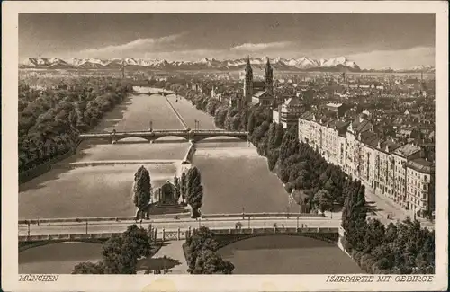 Ansichtskarte München Panorama Isarpartie Brücke Kirche Gebirge 1938