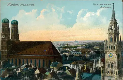 Ansichtskarte München Panorama-Ansicht Frauenkirche Rathaus Turmuhr 1910