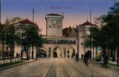 Ansichtskarte München Isartor Turmuhr Dämmerung 1910