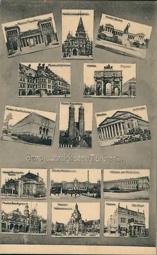 München Mehrbildkarte Sehenswürdigkeiten Hofbräuhaus Frauenkirche Siegestor 1910