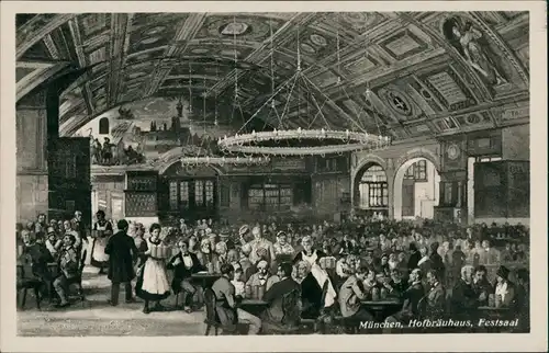 Ansichtskarte München Hofbräuhaus Festsaal Gesellschaft Wandmalerei 1910