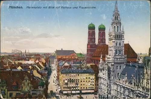 Ansichtskarte München Marienplatz Rathaus Frauenkirche Panorama 1924