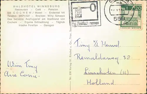 Cochem Kochem WALDHOTEL WINNEBURG Restaurant Café Pension, Enderttal 1965