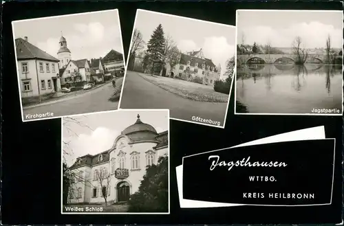 Jagsthausen Mehrbild-AK ua. Götzenburg, Jagst Partie, Weißes Schloss 1960