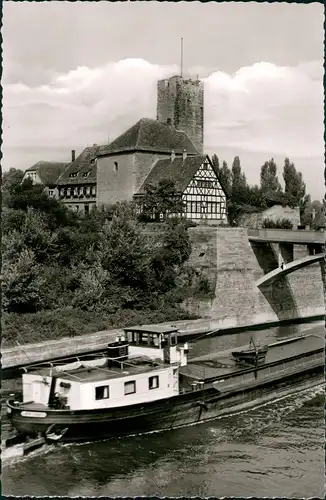 Ansichtskarte Lauffen Neckar Frachtschiff Schiff passiert Rathaus 1960
