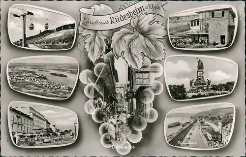 Rüdesheim (Rhein) Stadtteilansichten Mehrbild-AK Strassen, Seilbahn  1966