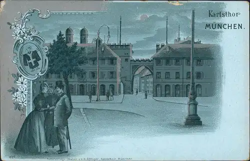 Ansichtskarte München Karlstor mit Karlsplatz Wappen 1910 Silber-Effekt