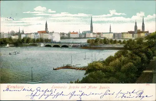 Ansichtskarte Altstadt-Hamburg Panorama Lombardsbrücke Alster Kirchen 1905