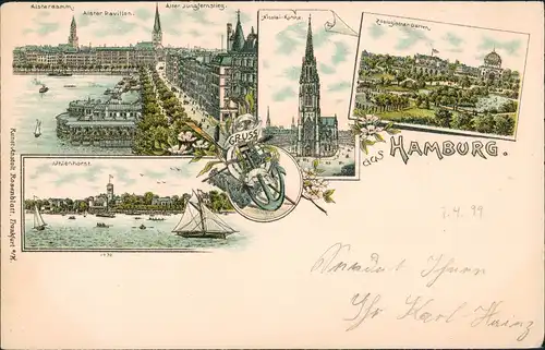 Litho Altstadt-Hamburg Mehrbildkarte Alster Nicolai  Zoologischer Garten  1900