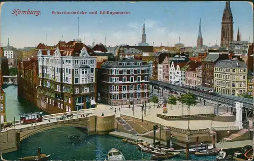 Hamburg Scharthor Brücke Rödingsmarkt Kirche Straßenbahn Boote 1910