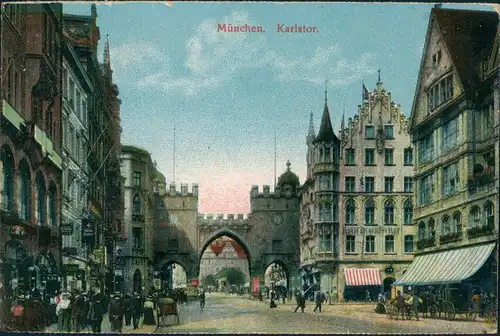 Ansichtskarte München Karlstor Gesamtansicht belebter Vorplatz 1918