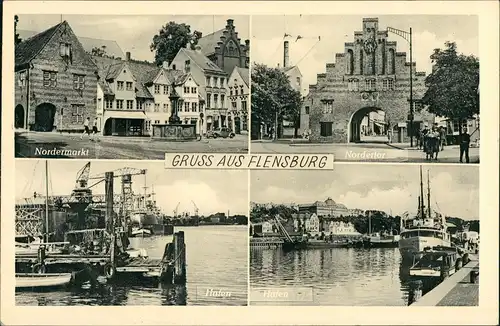 Flensburg 4 Fotos ua. Hafen, Nordermarkt, Schiffe, Nordertor 1953