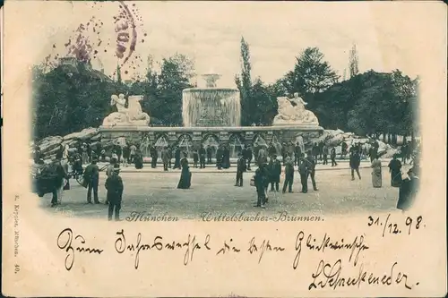 München Wittelsbacher Brunnen am Lenbachplatz belebt Wasserkunst Skulptur 1899