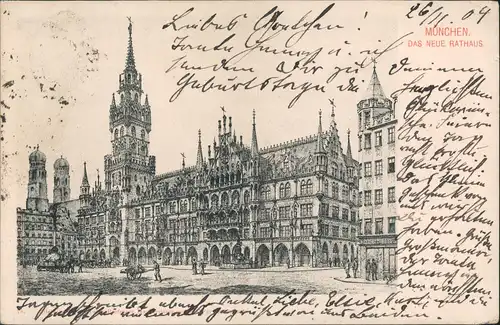 Ansichtskarte München Rathaus Frontalansicht Marienplatz Frauentürme 1904