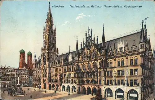 München Marienplatz Rathaus Mariensäule Fischbrunnen Frauentürme 1912