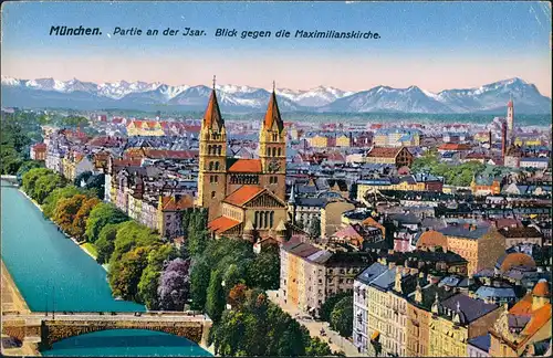 München Panorama Isarpartie Maximilianskirche Brücke Isar Gebirge 1930