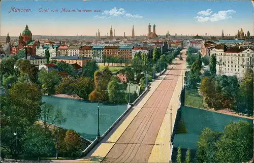 München Panorama Blick von Maximilianeum Maximiliansbrücke Türme Isar 1916