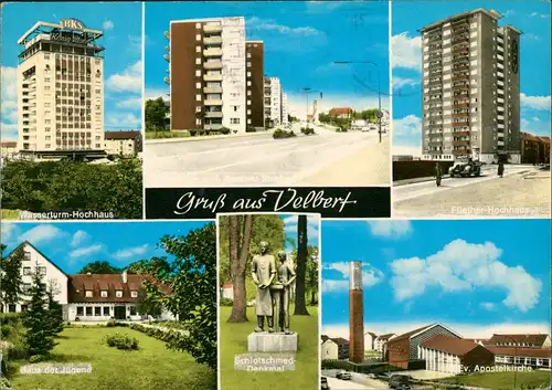 Velbert Mehrbild-AK Hochhäuser, Haus d. Jugend, Denkmal, Apostel-Kirche 1974